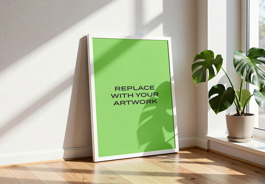 Vertical framed poster mockup displayed on a white interior wall, realistic art presentation with natural window light, wooden floor and potted monstera plant, Template