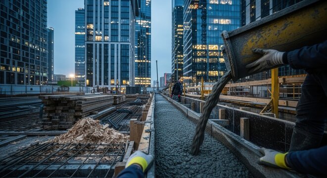 Pouring Concrete For New Foundation With Cityscape Background