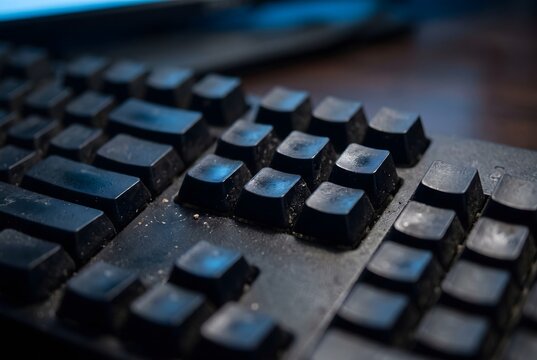 Macro close up of a black computer keyboard with greasy sheen on keycaps and dust