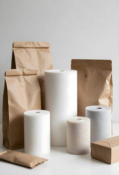 Sustainable packaging and eco-friendly materials, brown paper bags and various foam rolls for shipping and product protection