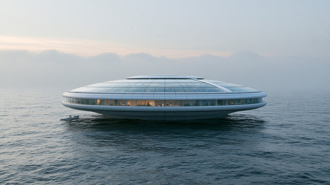 Futuristic white circular building with large glass dome floating on calm ocean at dusk.