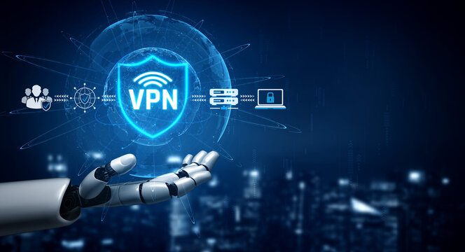 Futuristic Robotic Hand Presenting VPN Concept with Networks and Digital Security Elements Against a Technological Background of a Cityscape Sigmoid