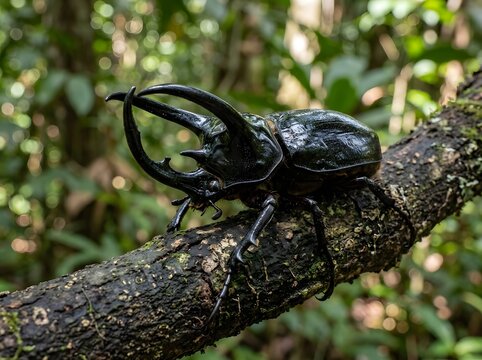 Giant rhinoceros beetle on a tree branch