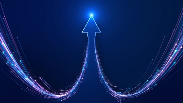 Bright futuristic arrow rises digital light trails, economic growth, investment returns, business performance, productivity, financial progress, successful strategy, opportunity, future development.