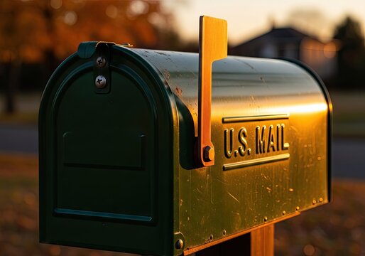 Green metal US Mail box in evening light.