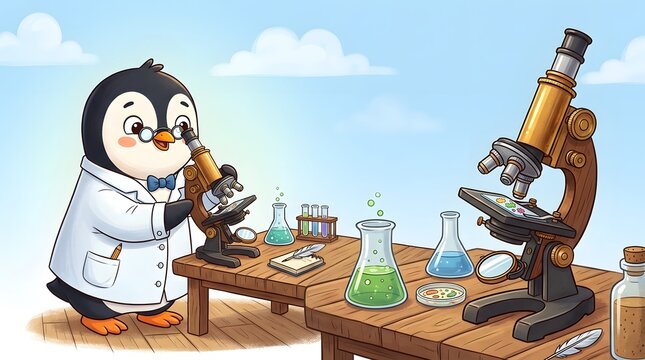 Cute cartoon penguin scientist conducting lab experiments with microscopes