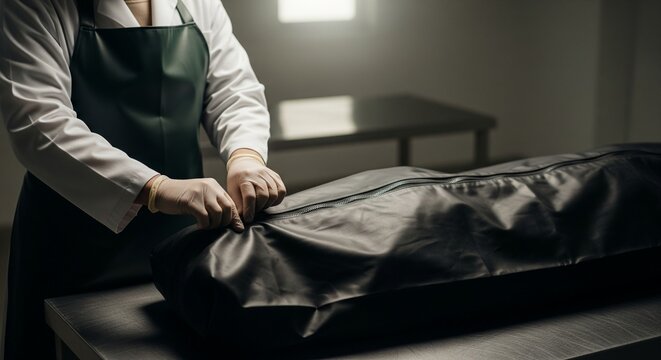 Forensic expert in protective gear zipping up a body bag on a metal table in a dimly lit laboratory