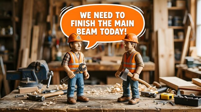 Two toy cowboys in a workshop with a motivational speech bubble