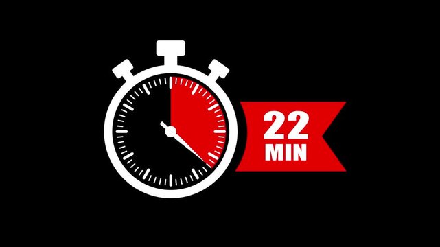 22 minute timer countdown stopwatch animation. Clock icon with 22 minute timer. 22 minute countdown timer clock icon animation. 22 min clock icon animation. Timer, clock, stopwatch icon with 22 min.
