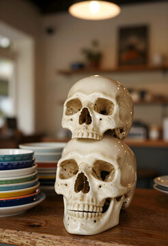 Mortality and human anatomy concept, two stacked skulls on a wooden table in a cafe setting with plates