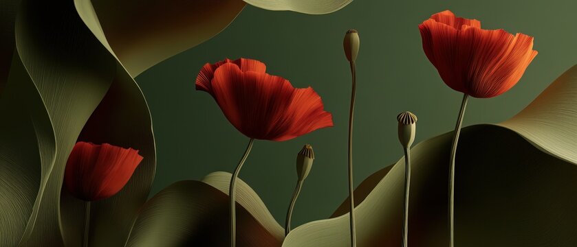 red poppy flowers blooming against elegant olive green background