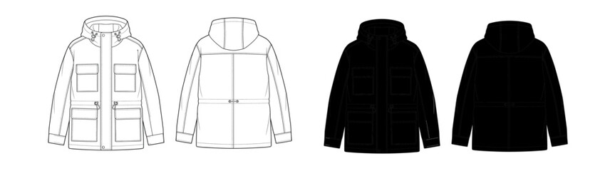 Winter Hooded Parka Jacket Technical Flat Sketch Front and Back Line Art Silhouette Vector © MdAzahar