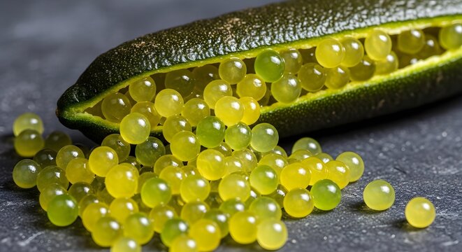 Finger limes spilling vibrant caviar pearls on dark textured surface with shallow depth of field for culinary concepts