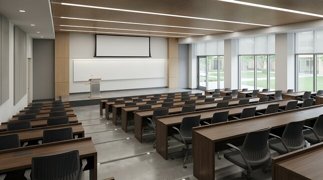 Modern empty educational lecture hall interior with wooden desks chairs and a blank whiteboard in three dimensional graphic style classroom lecture hall interior desk chair whiteboard render