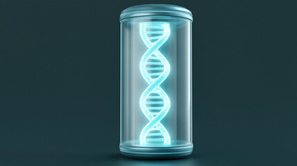 Fototapeta premium Glowing dna strand inside transparent glass cylinder for genetic research and biotechnology science visualization.