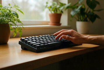 Fototapeta premium Remote work and home office productivity, person typing on a computer keyboard at a wooden desk with houseplants