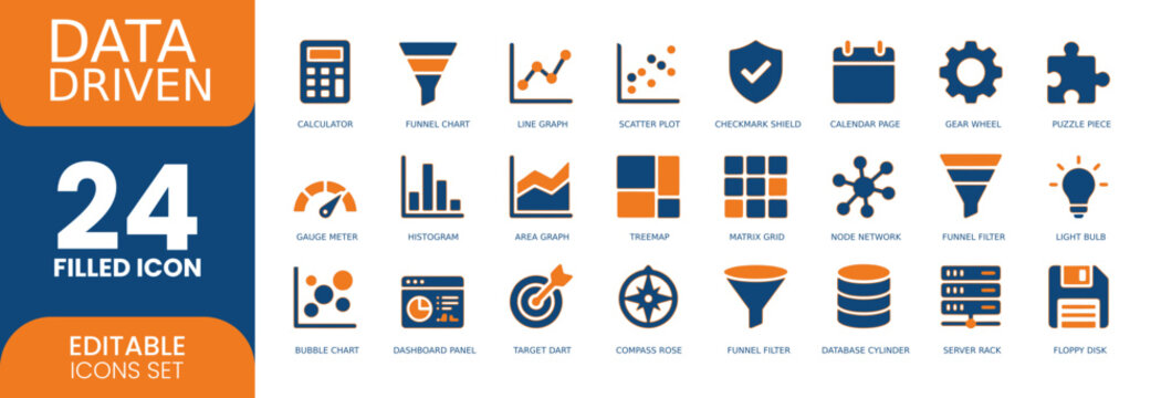 Data driven icons set with blue and orange filled design