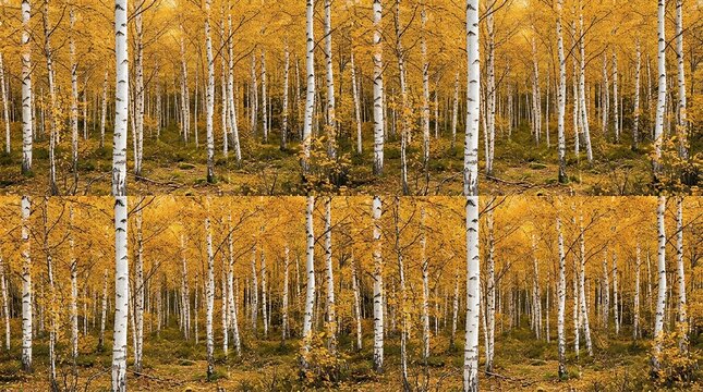 Seamless tileable repeating motif of a dense forest grove featuring slender white birch trunks and golden seasonal foliage pattern seamless background backdrop autumn fall tree aspen birch forest