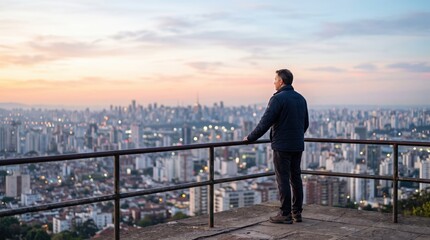 Fototapeta premium Man overlooking city skyline at sunset