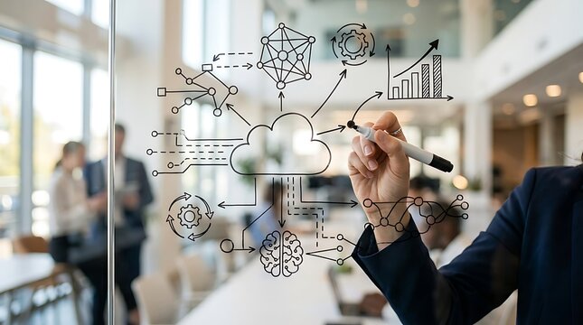 Business professional drawing cloud computing and digital transformation diagrams on a glass wall in modern office.