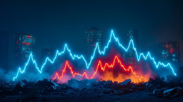 Blue and red stock market price chart with candlestick pattern on dark background
