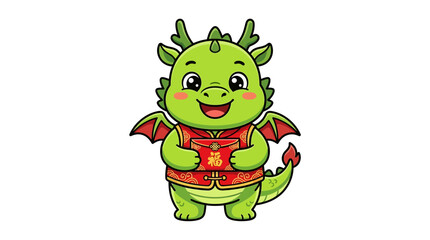 Fototapeta premium Cute Cartoon Green Dragon Holding Red Envelope, Chinese New Year