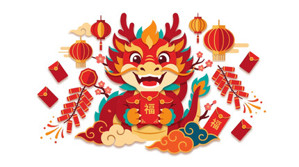 Naklejka premium Cute Chinese Dragon Holding Red Envelope, Lunar New Year Celebration