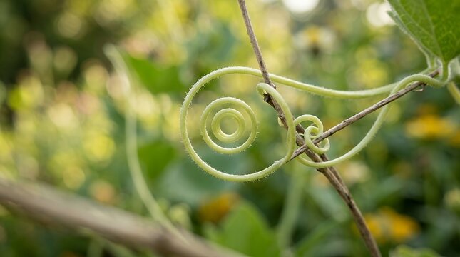 Macro photograph capturing spiral plant tendrils curling naturally amidst soft green and yellow outdoor garden bokeh plant tendril spiral curl green macro bokeh nature garden outdoor detail close-up