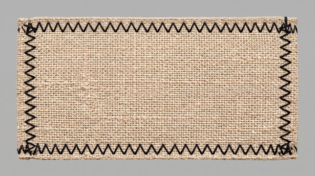 Blank burlap fabric patch with black zigzag stitching isolated on white background