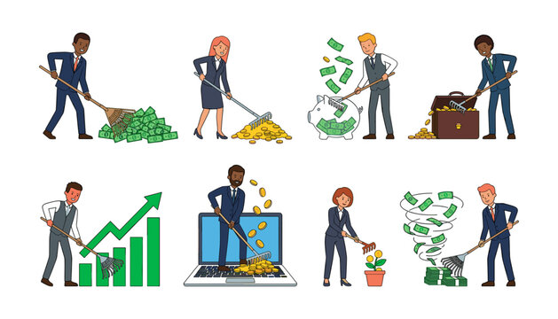 Diverse Business People Raking Money and Managing Profits Vector Illustration Set Featuring Concepts for Wealth Accumulation, Financial Growth, Corporate Revenue, and Digital Capital Investments