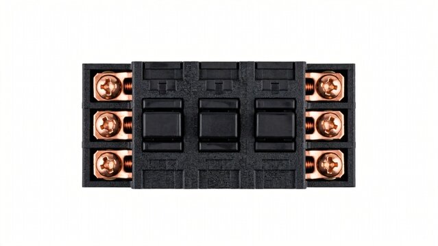 Industrial electrical terminal block with copper screw connectors isolated on white