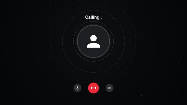 Incoming call interface animation, digital phone screen with user avatar and calling text, mobile communication UI on dark background