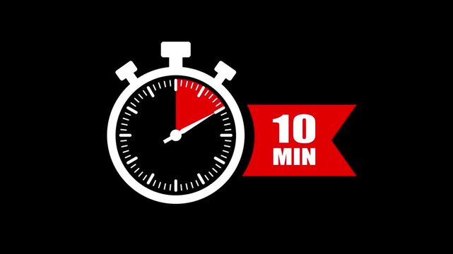 10 minute timer countdown stopwatch animation. Clock icon with 10 minute timer. 10 minute countdown timer clock icon animation. 10 min clock icon animation. Timer, clock, stopwatch icon with 10 min.
