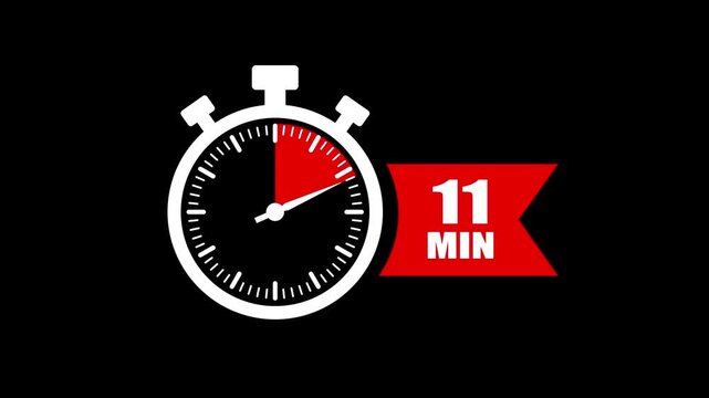 11 minute timer countdown stopwatch animation. Clock icon with 11 minute timer. 11 minute countdown timer clock icon animation. 11 min clock icon animation. Timer, clock, stopwatch icon with 11 min.
