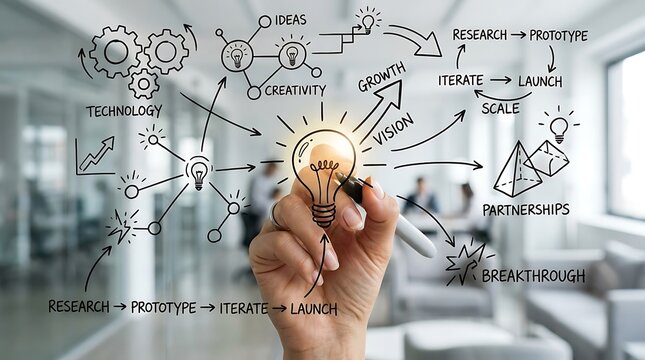 Hand drawing a business strategy flowchart with a lightbulb representing ideas and innovation.