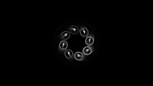 Abstract white question mark symbols rotating in circular motion on black background