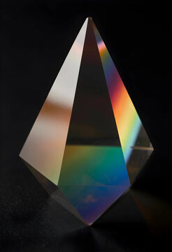 Light refraction and spectrum concept, crystal prism creating rainbow colors on a dark background, physics and optics