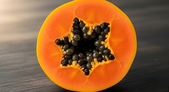 Fresh papaya half with star-shaped seeds in soft studio lighting against a dark textured background