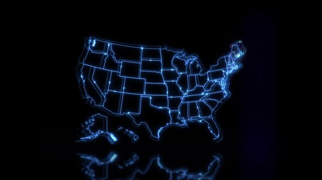 American map displays glowing state borders futuristic digital visualizing AI networks, cyber defense, secure data infrastructure, national automated monitoring, wireless technology, connected systems
