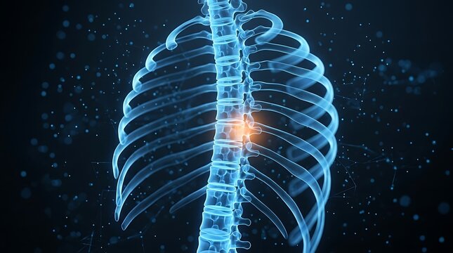 Detailed 3D digital illustration of human rib cage and spine with a highlighted area of potential vertebral joint inflammation
