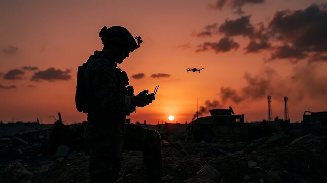 Silhouetted soldier using a drone at sunset in a battlefield landscape with military vehicles