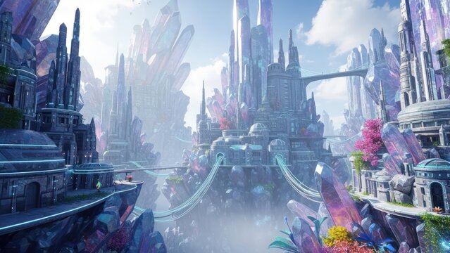 A breathtaking futuristic crystal city floating in a fantasy world.