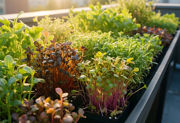 Fototapeta premium Urban gardening and sustainable living, fresh microgreens growing in pots on a rooftop garden with sunlight