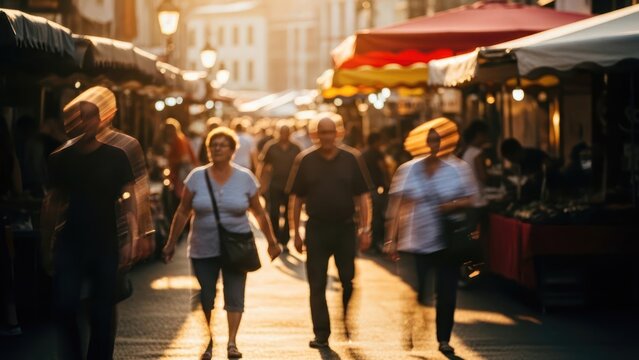 Blurred figures strolling through a vibrant street market at golden hour.