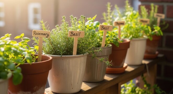 Balcony Herb Garden With Labeled Plants In Sunlit Pots