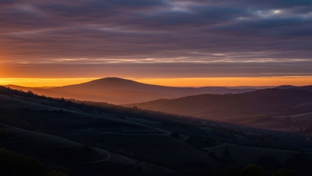 Dramatic sunset over rolling hills with atmospheric clouds.