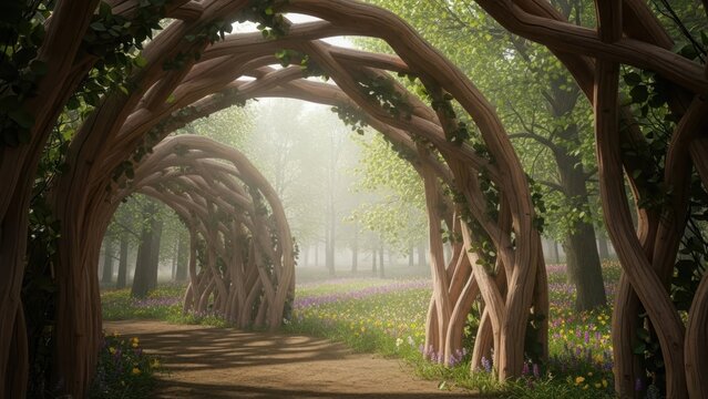 Enchanted Forest Pathway with Woven Tree Archways and Wildflowers