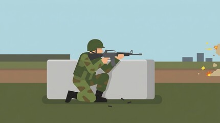 Fototapeta premium Soldier in camouflage uniform aiming a rifle behind a concrete barricade on a plain landscape under clear blue sky during daytime