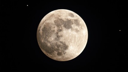 Fototapeta premium A detailed view of the full moon, its surface textured with craters and seas, against a star-speckled black sky