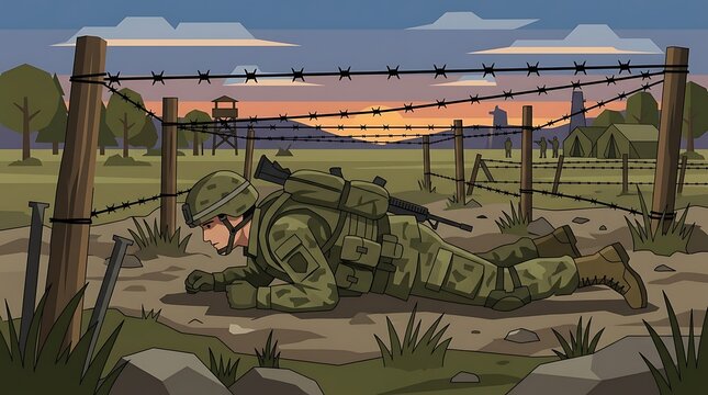 valiant soldier in combat gear crawling beneath barbed wire in a war zone at sunset capturing a moment of frontline vigilance